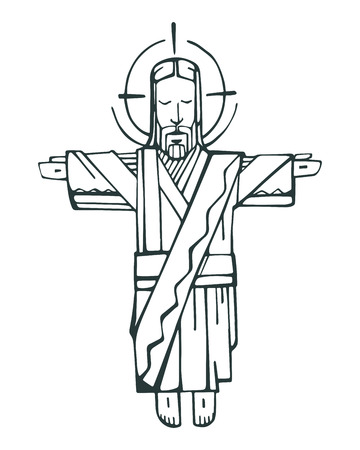 Hand drawn vector illustration or drawing of Jesus with open armsのイラスト素材