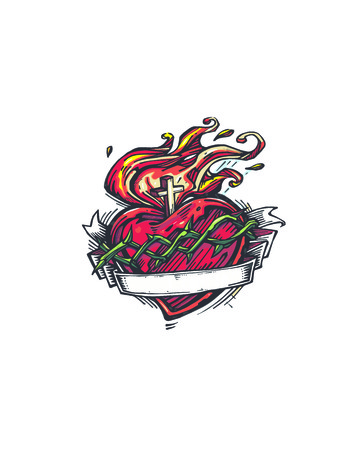 Hand drawn vector illustration or drawing of a Jesus Sacred Heartのイラスト素材