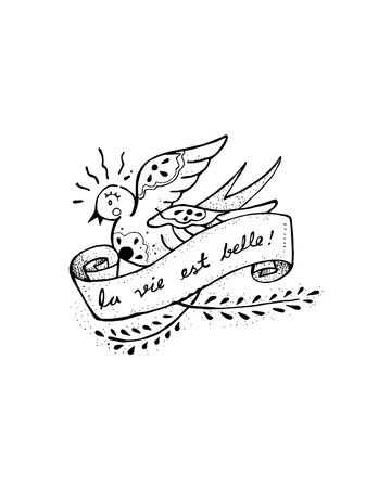 Hand drawn vector illustration or drawing of a swallow with a ribbonのイラスト素材