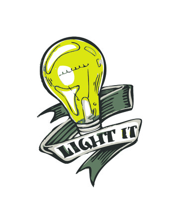 Hand drawn vector illustration or drawing of a light bulb with a ribbon and the phrase: Light itのイラスト素材