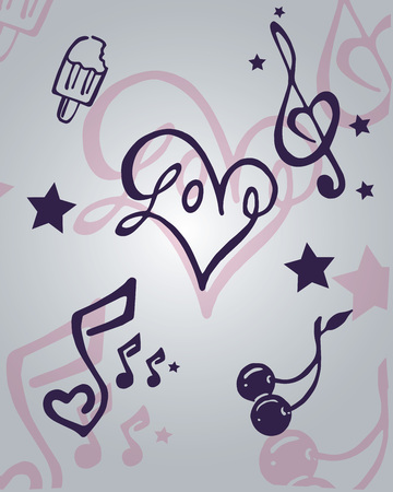Hand drawn vector illustration or drawing of some love and music itemsのイラスト素材