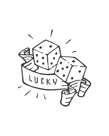Hand drawn vector illustration or drawing of a pair of dices and a ribbon with the word: luckyのイラスト素材