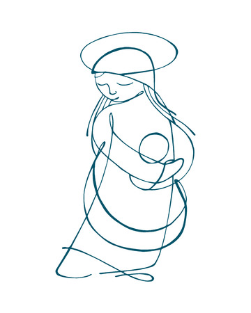 Hand drawn vector illustration or drawing of Virgin Mary carrying a baby Jesusのイラスト素材