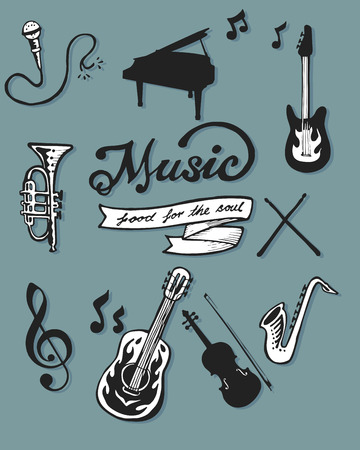 Hand drawn vector illustration or drawing of some music itemsのイラスト素材