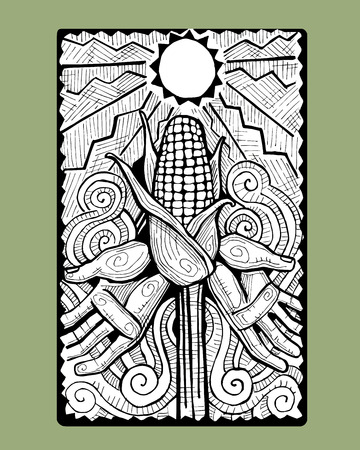 Hand drawn vector illustration or drawing of a corn with hands in an indigenous styleのイラスト素材