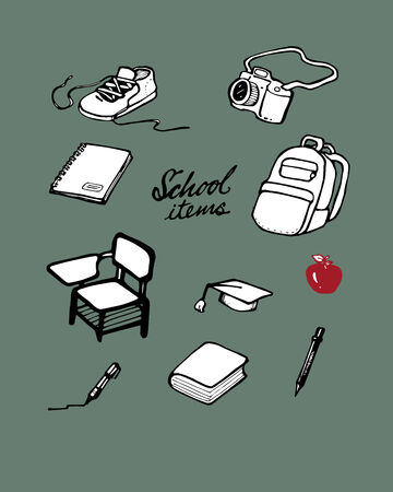 Hand drawn vector illustration or drawing of some school itemsのイラスト素材