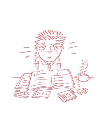 Hand drawn vector illustration or drawing of a tired man studyingのイラスト素材
