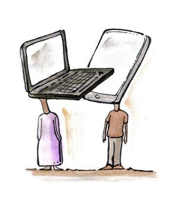 Hand drawn vector illustration or drawing of a couple of characters with a computer and a cellphone Instead of headsのイラスト素材