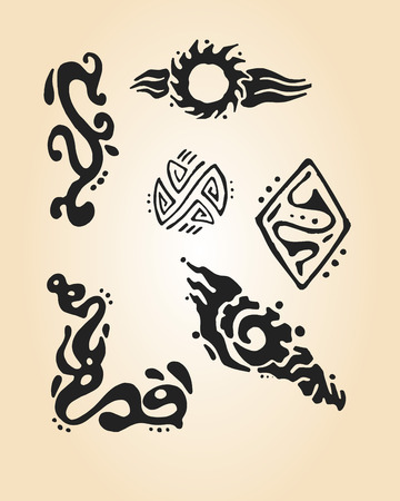 Hand drawn illustration or drawing of different abstract tribal elementsのイラスト素材