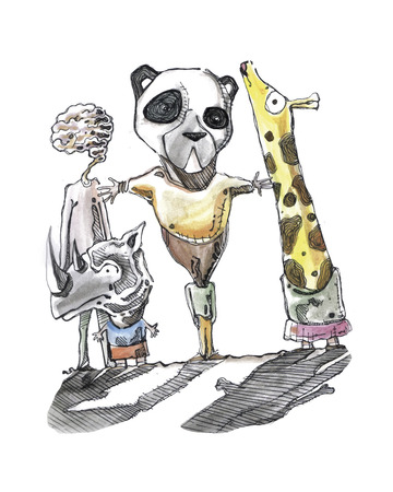 Hand drawn vector illustration or drawing of different cartoon character with weird headsのイラスト素材