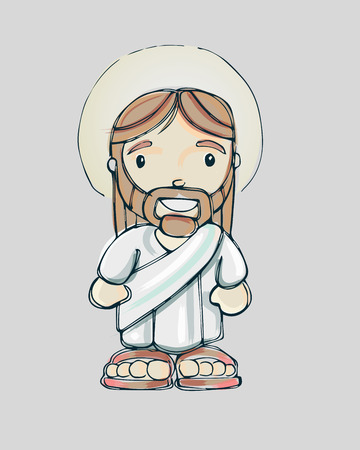Hand drawn vector illustration or drawing of a smiling Jesus cartoonのイラスト素材