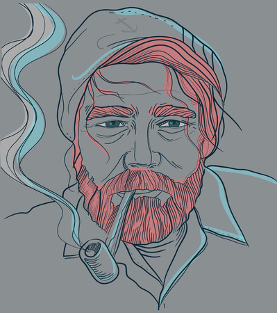 Hand drawn vector illustration or drawing of a sailor smoing pipeのイラスト素材