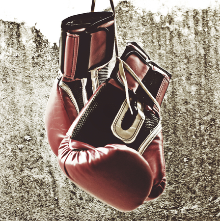 Photograph of a pair of hanging boxing glovesの写真素材