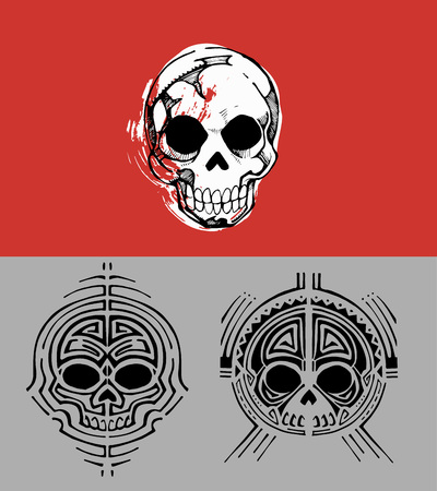 Hand drawn vector illustration or drawing of different human skullsのイラスト素材