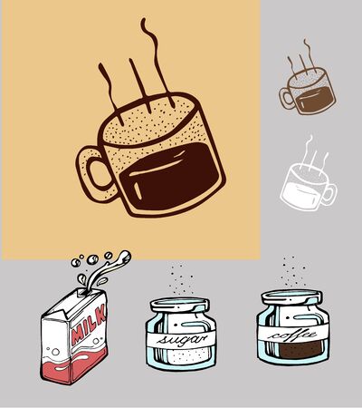 Hand drawn vector illustration or drawing of some cups, milks, sugar and coffeeのイラスト素材