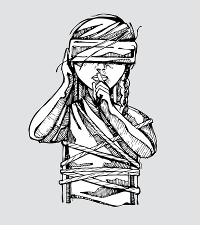Hand drawn vector illustration or drawing of a woman tied with a blindfold on her eyes Representing the social problem of violence against womenのイラスト素材
