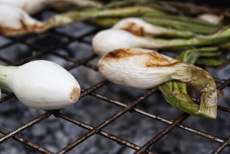 Photograph of some onions on a hot grillの写真素材