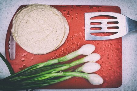 Photograph of some onions tortillas spatula and a cutting boardの写真素材