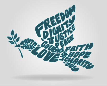 Hand drawn vector illustration or drawing of a Peace Dove silhouette with different positive words or conceptsのイラスト素材