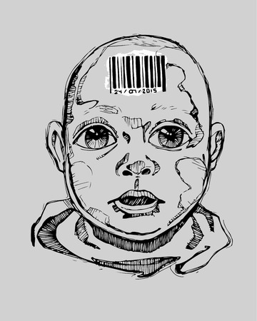 Hand drawn vector illustration or drawing of a human baby with a bar code on his foreheadのイラスト素材