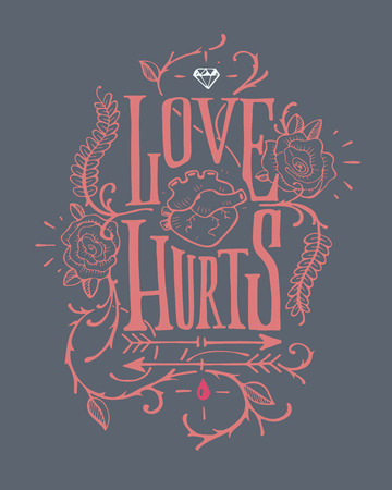 Hand drawn illustration or drawing of a lettering badge with a human heartのイラスト素材