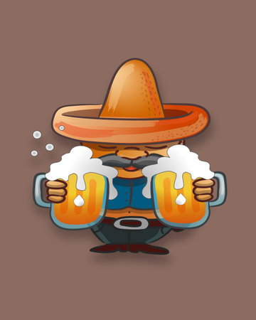 Hand drawn vector illustration or drawing of a fat cartoon man with a hat and jars of beerのイラスト素材