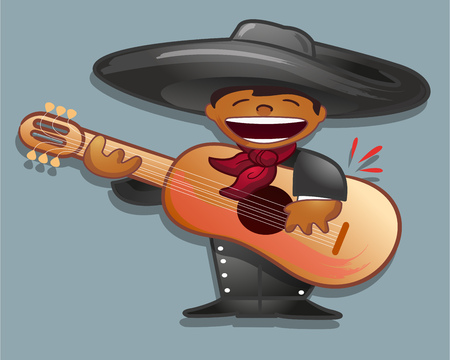Hand drawn vector illustration or drawing of a mexican traditional cartoon mariachiのイラスト素材