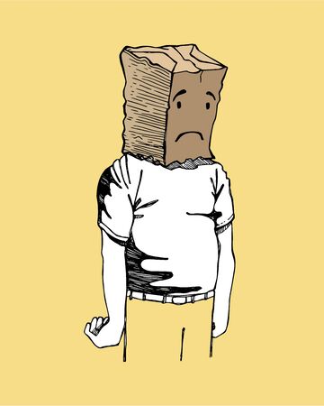 Hand drawn vector illustration or drawing of a man with a carton bag faceのイラスト素材