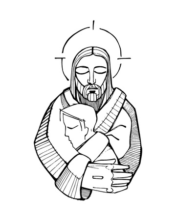 Hand drawn vector illustration or drawing of Jesus Christ Hugging a manのイラスト素材