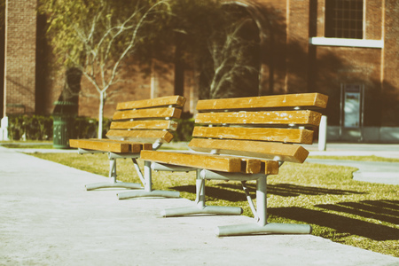 Photograph of a wood bench on a parkの写真素材