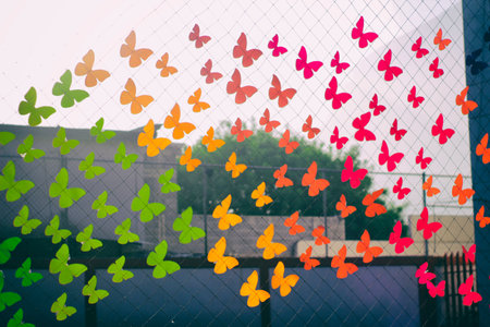 Photograph of some paper colorful butterflies shapes on net