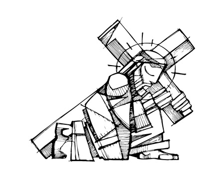 Hand drawn vector illustration or drawing of Jesus Christ carrying the Crossのイラスト素材