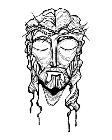 Hand drawn vector illustration or drawing of Jesus Christ face at his Passionのイラスト素材