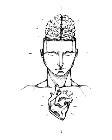 Hand drawn vector illustration or drawing of a man with a visible brain and heartのイラスト素材