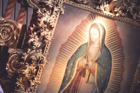 Photograph of a painted image of Mary of Guadalupe in the interior of Basilica de Guadalupe in Monterrey Mexicoのeditorial素材