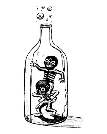 Hand drawn vector illustration or drawing of a pair of skeletons playing inside a glass bottleのイラスト素材