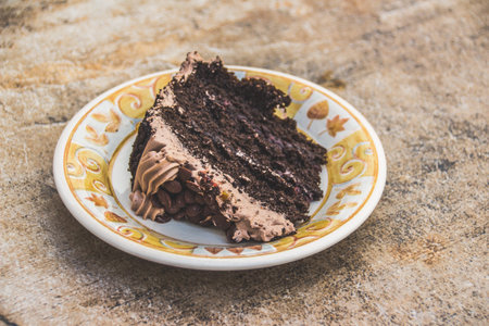 Photograph of a slice of chocolate cake on a plate