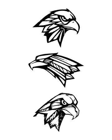 Hand drawn vector illustration or drawing of three eagles heads