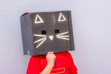 Photograph of a teen with a black cat carton box mask