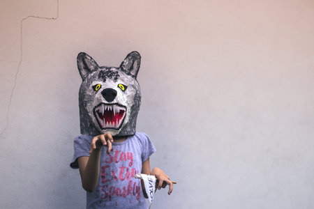 Photograph of a kid with a carton wolf mask
