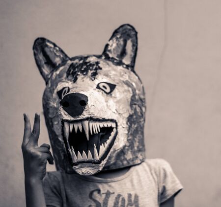 Photograph of a kid with a carton wolf maskの写真素材