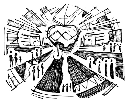 Hand drawn vector illustration or drawing of Jesus Christ Sacred Heart and Handsのイラスト素材