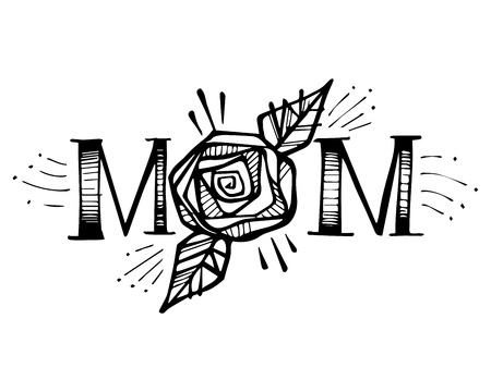 Hand drawn vector illustration or drawing of the word Mom and a rose flower in an old school tattoo styleのイラスト素材