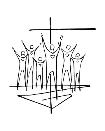 Hand drawn vector illustration or drawing of some people and religious Cross symbolのイラスト素材