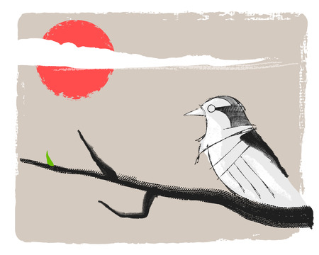 Hand drawn illustration or watercolor ink drawing of a bird on branch in oriental styleの写真素材