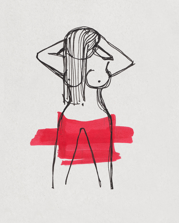 Hand drawn illustration or watercolor ink drawing of a naked woman with long hairの写真素材