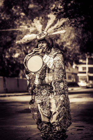 MONTERREY, NUEVO LEON / MEXICO - 11 12 2017: Mexican traditional indigenous musician man perfomrming on streetのeditorial素材