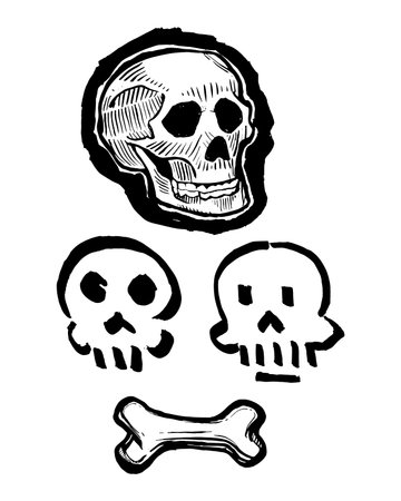 Hand drawn vector ink illustration or drawing of some human skulls and a boneのイラスト素材
