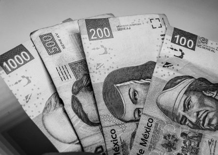Black & white photograph of  mexican bills of diferent values