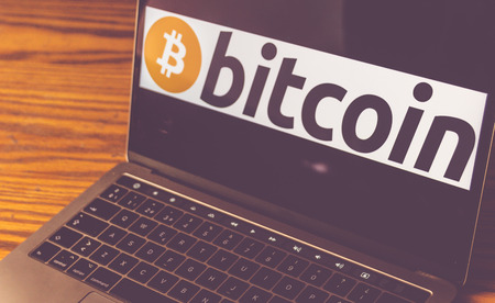 Dallas, Texas/ United States - 05/10/2018: (Photograph of Bitcoin logo on computer screen)のeditorial素材